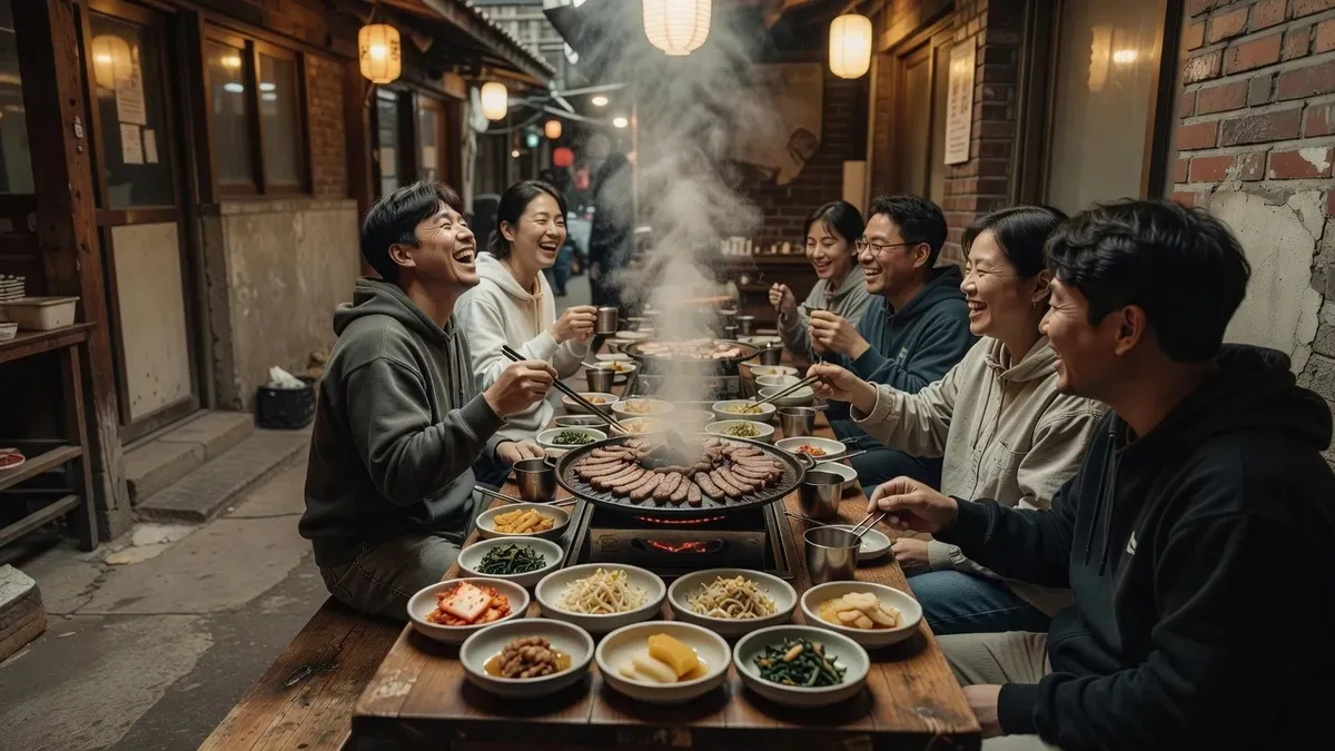 A shared table of Korean barbecue and banchan side dishes in a back-alley eatery on a seoul food tours tasting in Seoul, South Korea